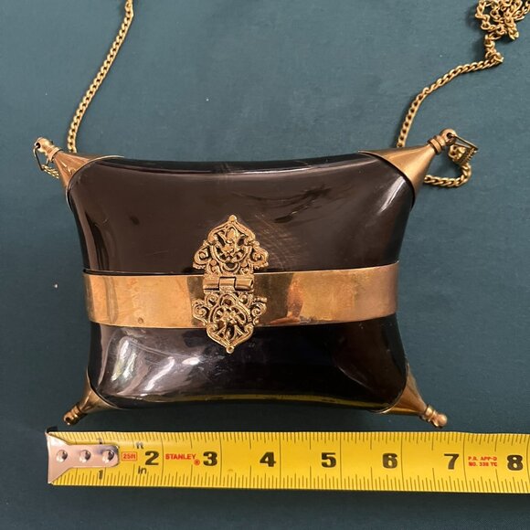 Vintage 1930's Brass & Buffalo Horn Pillow Purse Velvet Lining Gold Chain Strap - Picture 5 of 6